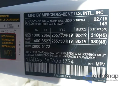 2015 Mercedes-Benz Ml 350 из США, поврежденный, VIN 4JGDA5JBXFA553734